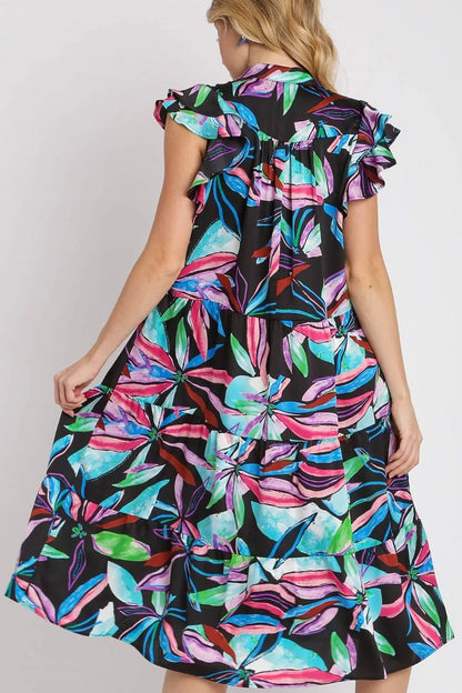 Full Size Leaf Print Double Layered Ruffle Sleeve Tiered Midi Dress Plus Size - Blackmix - product view 4