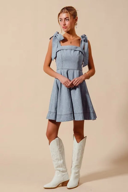 A Line Fit and Flare Diamond Bow Ribbon Denim Dres in Lt Denim - product view 7