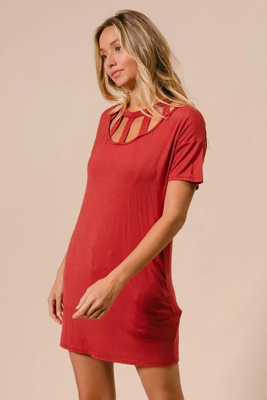 Front Cutout Mini Tee Dress with Pockets in Ginger - product view 6