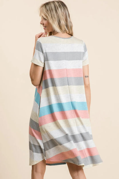 Striped Short Sleeve Dress with Pockets - Stripe - BOMBOM - Style 21310 - product view 2