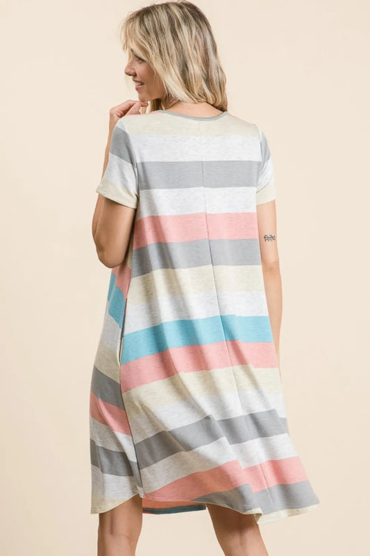 Striped Short Sleeve Dress with Pockets - Stripe - BOMBOM - Style 21310 - product view 2