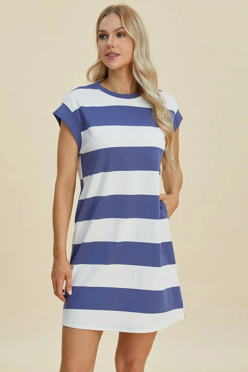 Full Size Striped Round Neck Cap Sleeve Mini Dress in Black, Camel and Dusty Blue - product view 20
