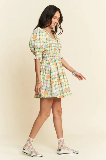 Fruits Printed Smocking Mini Dress - Sage - product view 6