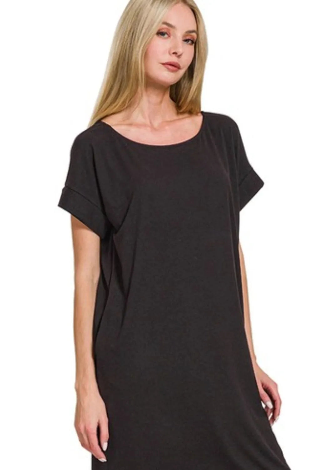 Rolled Short Sleeve Round Neck Dress - Black - product view 2