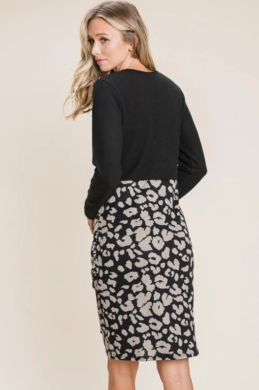 Leopard Color Block Knit Dress in Black - product view 2