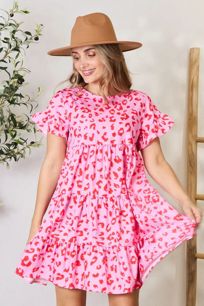 Short Flounce Sleeve Tiered Dress in Pink and Dark Green - product view 3