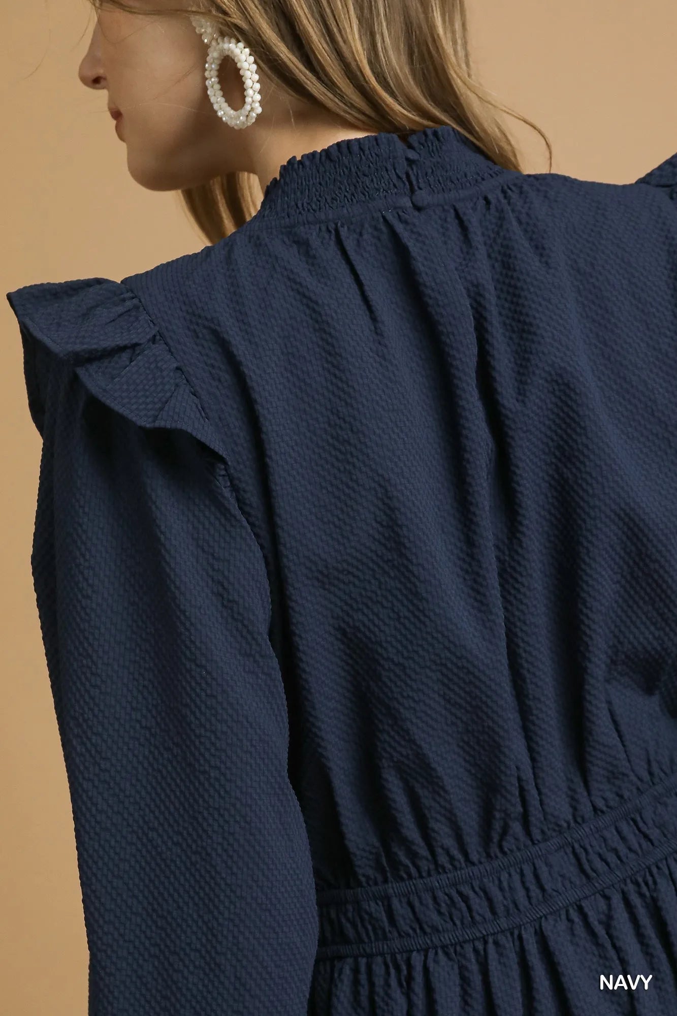 Textured Midi Dress with Ruffle Shoulder Detail - Navy - product view 5