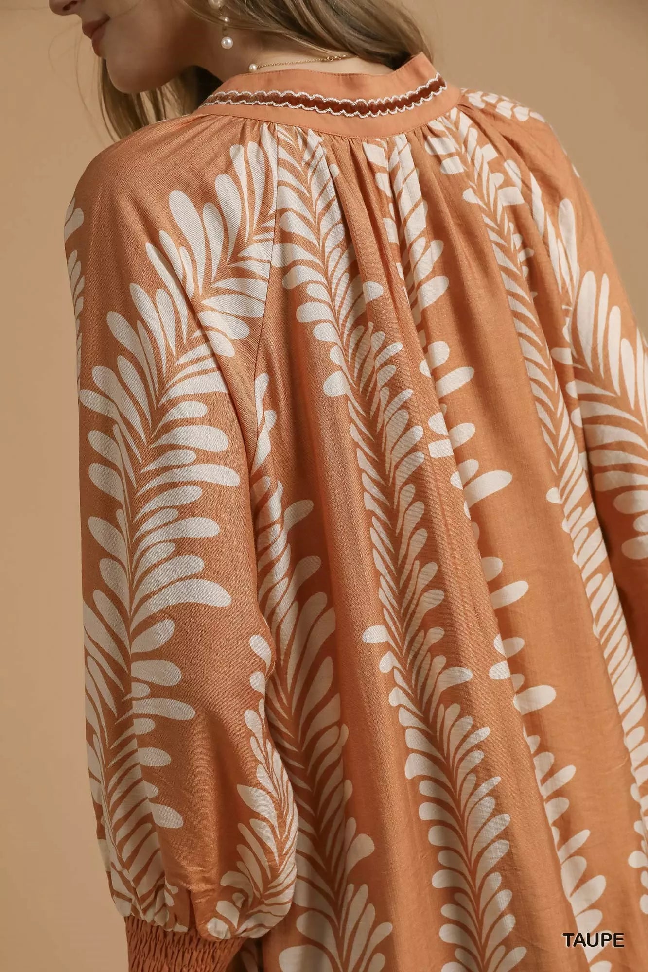 Leaf Print Notched Mini Babydoll Dress in Taupe - product view 5