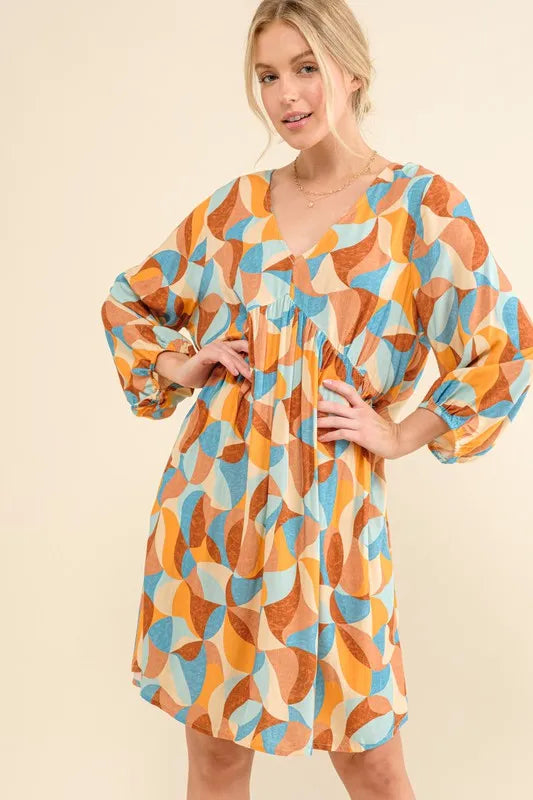 Printed Open Back Puff Sleeve Casual Dress in Blue Multi - product view 3