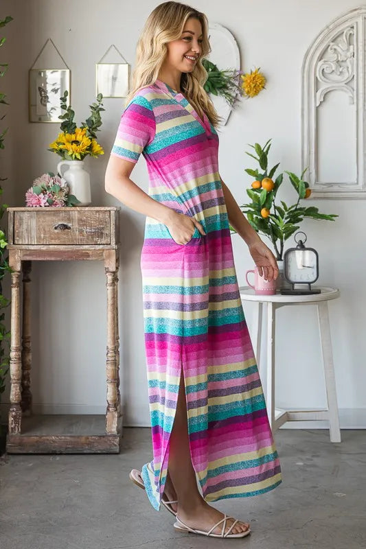 Full Size Striped Short Sleeve Maxi Tee Dress Plus Size in Pink Multi - product view 11