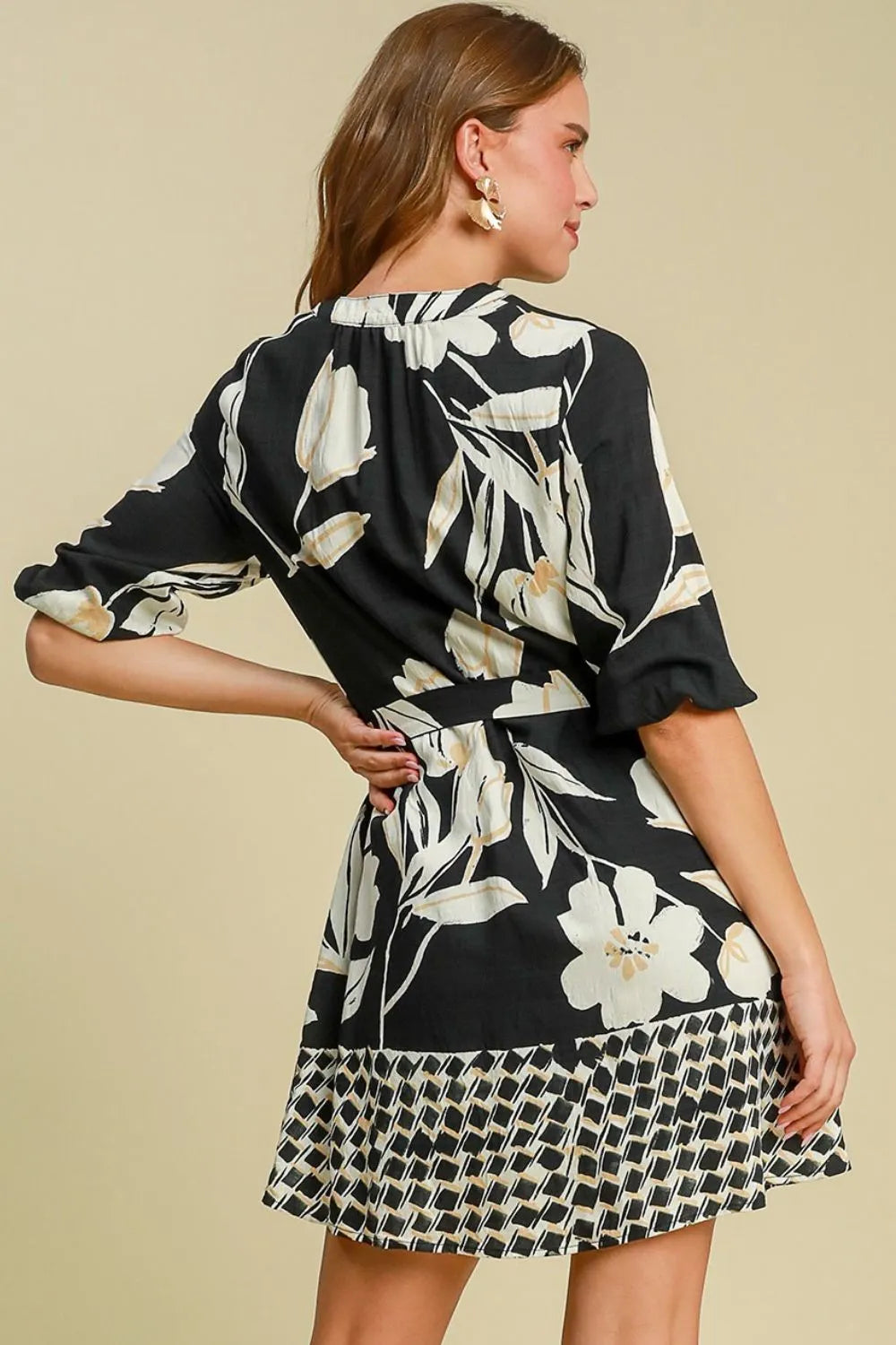 Full Size Floral Print Notched Tie Waist Mini Dress Plus Size in Black - product view 4