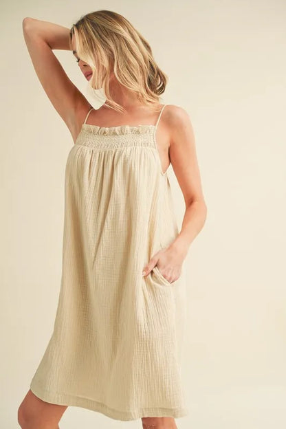 Embroidered Trim Gauze Square Neck Mini Cami Dress in Oatmeal - product view 3