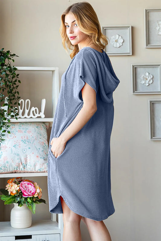 Full Size Ribbed Short Sleeve Hooded Dress in Denim Vintage - product view 2