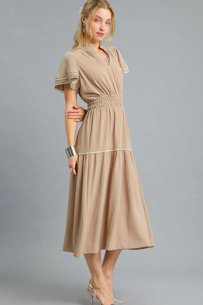 Tiered Flutter Sleeve Midi Dress in Camel - product view 3