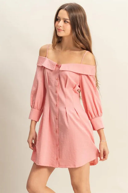 Button Down Spaghetti Strap Mini Dress with Pockets - Coral - product view 2