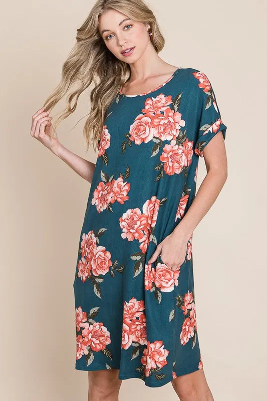 Floral Round Neck Short Tee Dress with Pockets - French Blue - product view 3