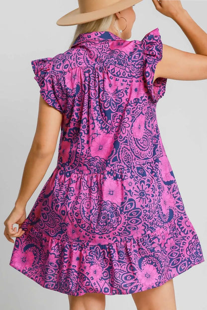 Full Size Printed Ruffle Cap Sleeve Babydoll Dress Plus Size - Navy/Pink - product view 5