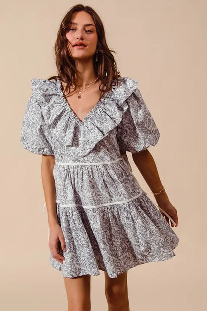 Cotton Printed Ruffle V Neckline Dress with Side Tie in Off White/Navy - product view 1