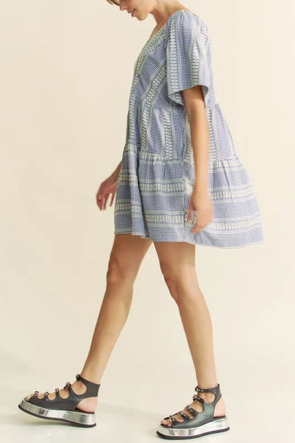 Embroidered Stripe Ruffled Gingham Mini Dress in Navy Blue - product view 9