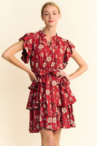 Ruffle Flutter Sleeve Tie Belt Tiered Mini Dress in Orange Rust - product view 3