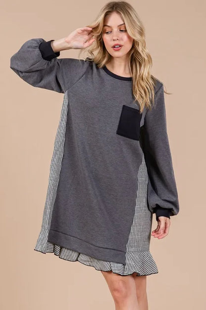 Ces Femme Striped Patchwork Round Neck Terry Sweatshirt Dress in Charcoal - product view 5
