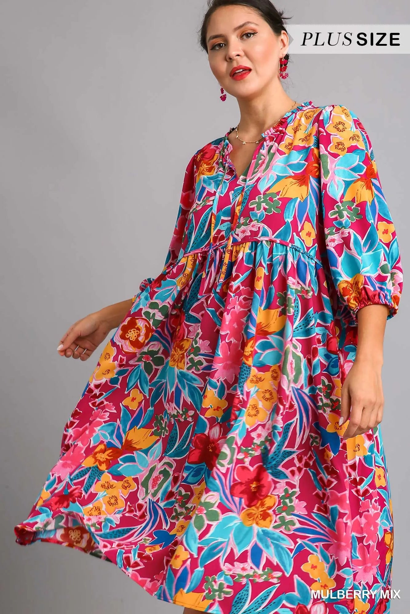 Full Size Floral Print Tie Neck Midi Dress with Pockets Plus Size in Mulberry Mix - product view 7