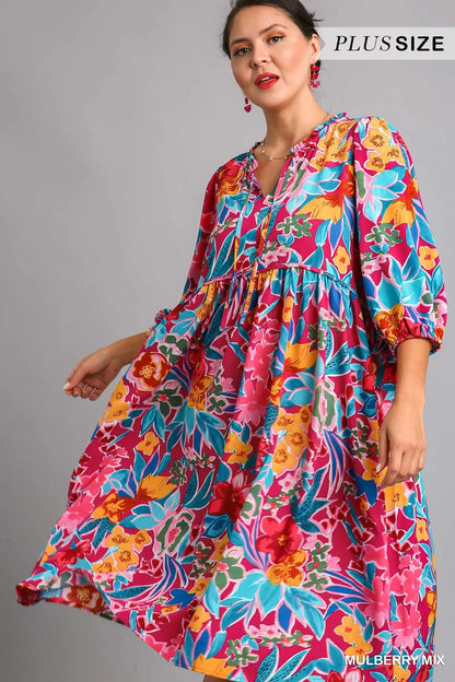Full Size Floral Print Tie Neck Midi Dress with Pockets Plus Size in Mulberry Mix - product view 7