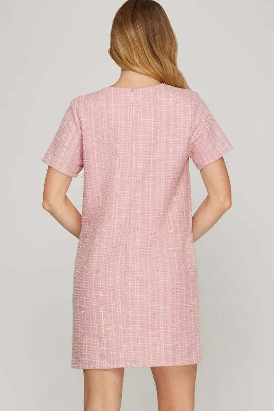 Full Size Short Sleeve Pearl Studded Trim Knit Tweed Dress Plus Size - Blush Pink - product view 3