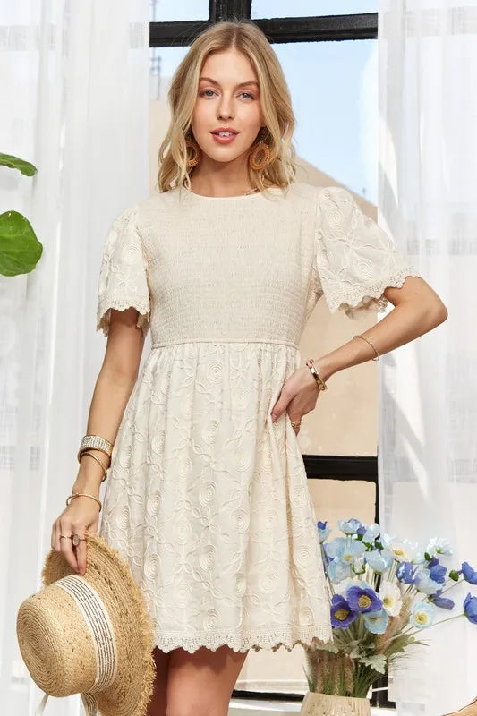 Rround Neck Crinkle Babydoll Dress in Beige - product view 6