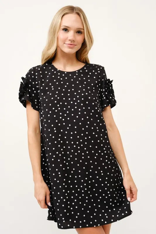 Embellished Sleeve Polka Dots Shift Dress in Black - product view 1