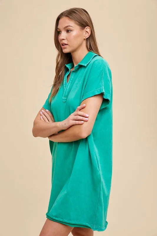 Mineral Washed Johnny Collar Short Sleeve Dress - Turquoise - product view 2