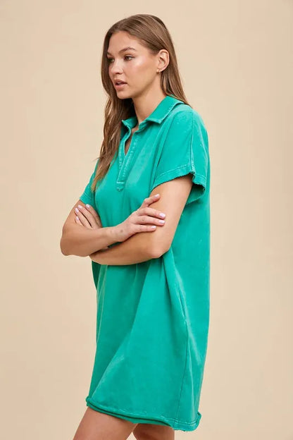 Mineral Washed Johnny Collar Short Sleeve Dress - Turquoise - product view 2