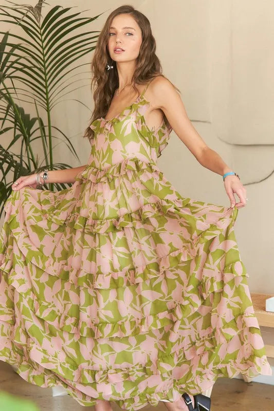 Ruffled Tiered Scoop Neck Cami Dress in Mauve Sage Combo - product view 1