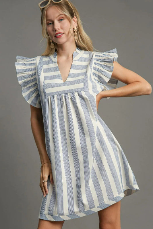 Full Size Striped Notched Ruffled Cap Sleeve Mini Dress Plus Size in Light Blue - product view 1