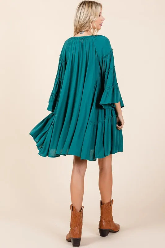 Frill Tie Neck Bell Sleeve Dress - Teal Green - product view 6