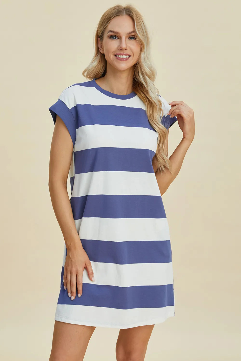 Full Size Striped Round Neck Cap Sleeve Mini Dress in Black, Camel and Dusty Blue - product view 19