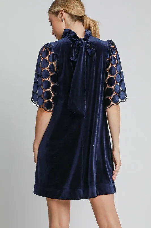 Dotted Lace Half Sleeve Mock Neck Back Tie Velvet Dress in Navy - product view 2