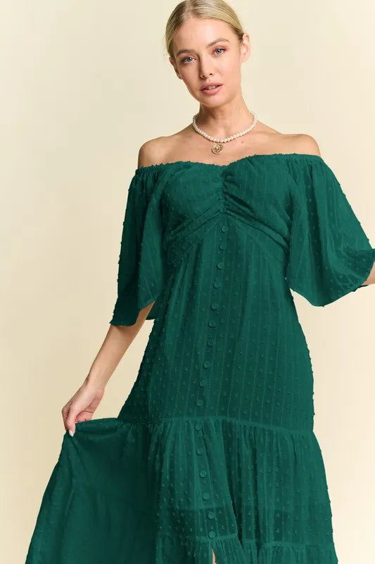 Swiss Dotted Ruched Ruffle Open Back Midi Dress in Forest Green - product view 5