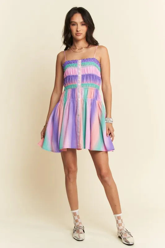 Multi Color Ombre Printed Bodice Button Up Dress in Purple Multi - product view 8