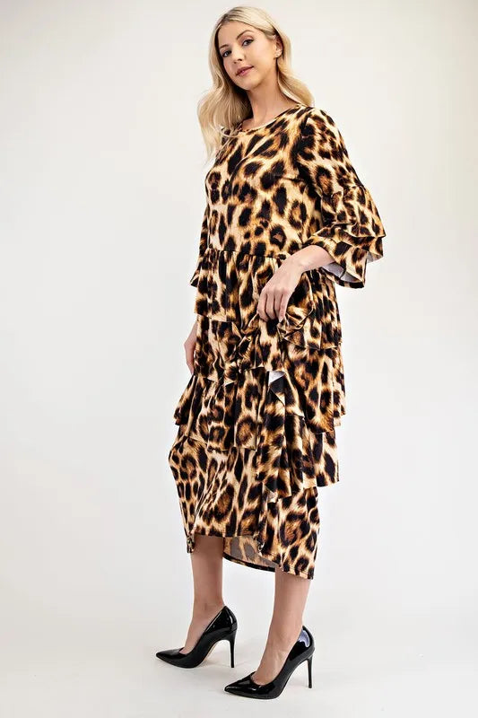 Full Size Leopard Asymmetrical Ruffle Midi Dress Plus Size - product view 4